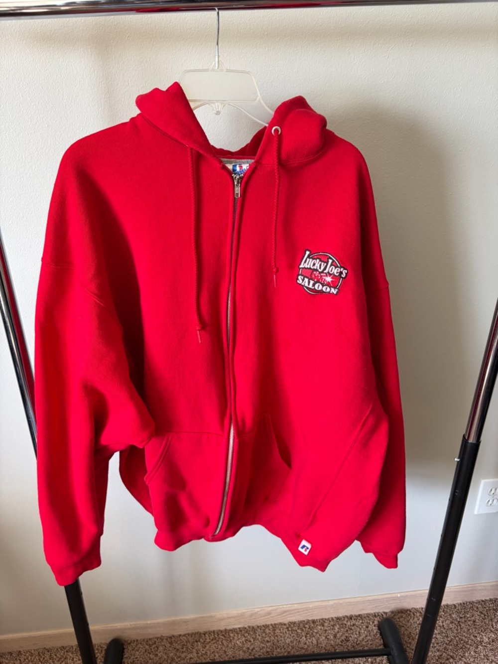 Russell Athletic Red Zip Up Hoodie with Lucky Joe's Saloon Patch